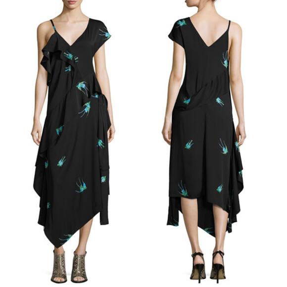 Diane von Furstenberg Black Bird Print Asymmetric Silk Jersey Ruffle Dress - Picture 12 of 12